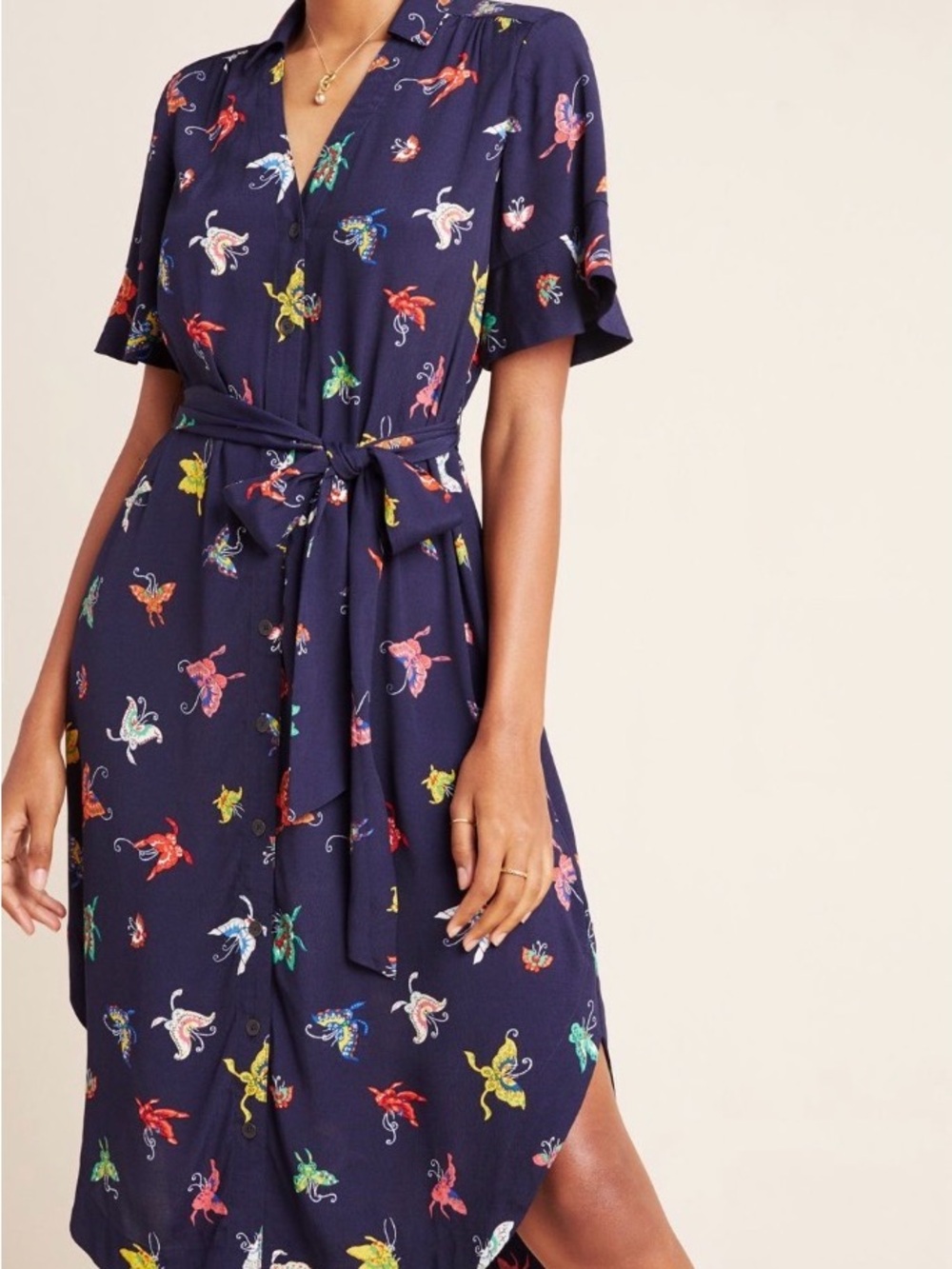 MAEVE ANTHROPOLOGIE Navy Flutterby Butterfly Print Midi Shirt Dress-missing belt